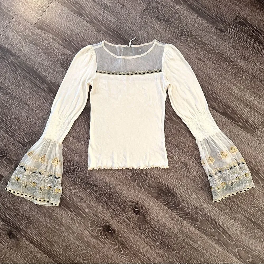 Free People Ivory High Tides Cotton Knit Embroidered Mesh Bell Cuffs Top